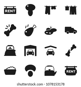 Flat vector icon set - drying clothes vector, foam basin, kettle, mushroom, chicken leg, car, broken bone, pond, garage, rent signboard