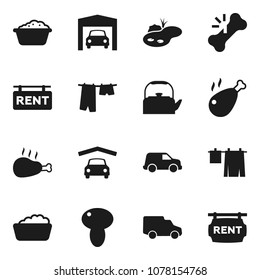 Flat vector icon set - drying clothes vector, foam basin, kettle, mushroom, chicken leg, car, broken bone, pond, garage, rent signboard