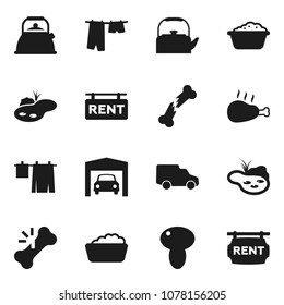 Flat vector icon set - drying clothes vector, foam basin, kettle, mushroom, chicken leg, car, broken bone, pond, garage, rent signboard