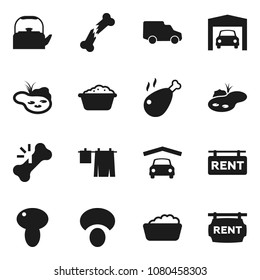 Flat vector icon set - drying clothes vector, foam basin, kettle, mushroom, chicken leg, car, broken bone, pond, garage, rent signboard