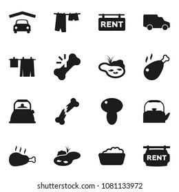 Flat vector icon set - drying clothes vector, foam basin, kettle, mushroom, chicken leg, car, broken bone, pond, garage, rent signboard