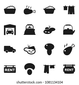 Flat vector icon set - drying clothes vector, foam basin, kettle, mushroom, chicken leg, car, pond, garage, rent signboard