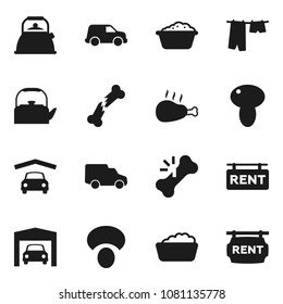 Flat vector icon set - drying clothes vector, foam basin, kettle, mushroom, chicken leg, car, broken bone, garage, rent signboard