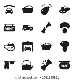 Flat vector icon set - drying clothes vector, foam basin, kettle, mushroom, chicken leg, car, broken bone, pond, garage, rent signboard