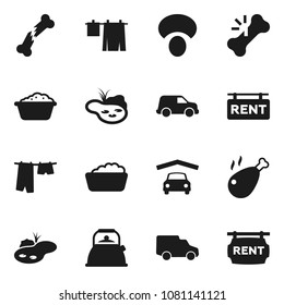 Flat vector icon set - drying clothes vector, foam basin, kettle, mushroom, chicken leg, car, broken bone, pond, garage, rent signboard