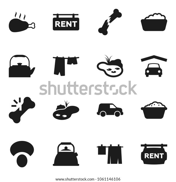 Flat vector icon set - drying clothes vector,
foam basin, kettle, mushroom, chicken leg, car, broken bone, pond,
garage, rent signboard