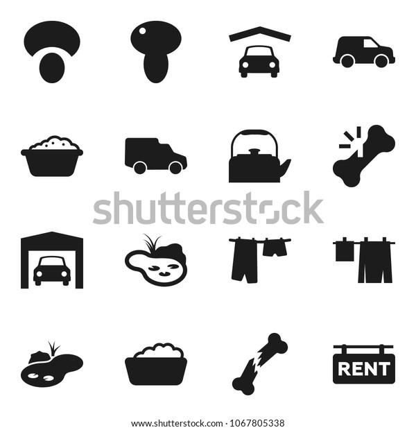 Flat vector icon set - drying clothes vector,\
foam basin, kettle, mushroom, car, broken bone, pond, garage, rent\
signboard