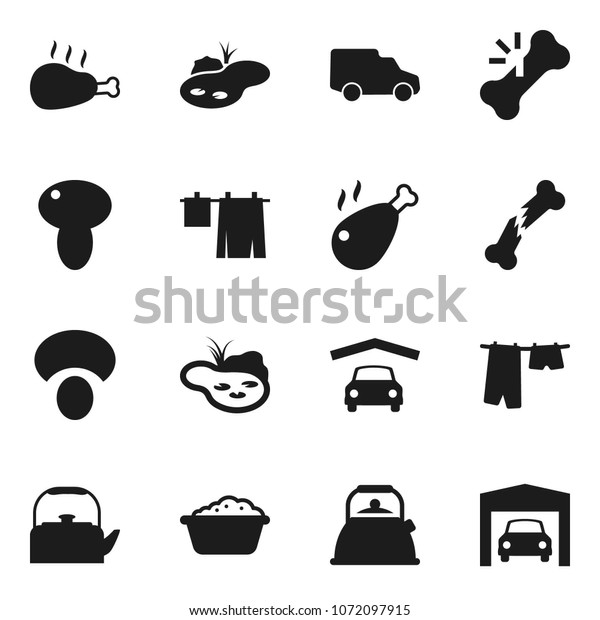 Flat vector icon set - drying clothes vector, foam\
basin, kettle, mushroom, chicken leg, car, broken bone, pond,\
garage