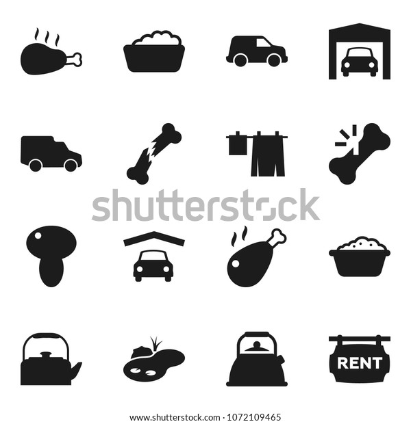 Flat vector icon set - drying clothes vector,\
foam basin, kettle, mushroom, chicken leg, car, broken bone, pond,\
garage, rent signboard