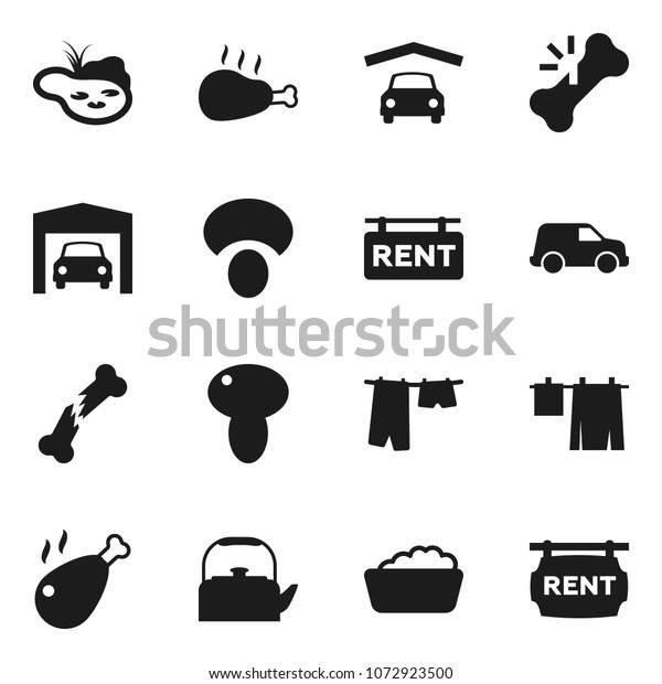 Flat vector icon set - drying clothes vector,\
foam basin, kettle, mushroom, chicken leg, car, broken bone, pond,\
garage, rent signboard