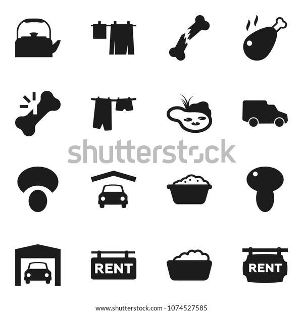 Flat vector icon set - drying clothes vector,
foam basin, kettle, mushroom, chicken leg, car, broken bone, pond,
garage, rent signboard