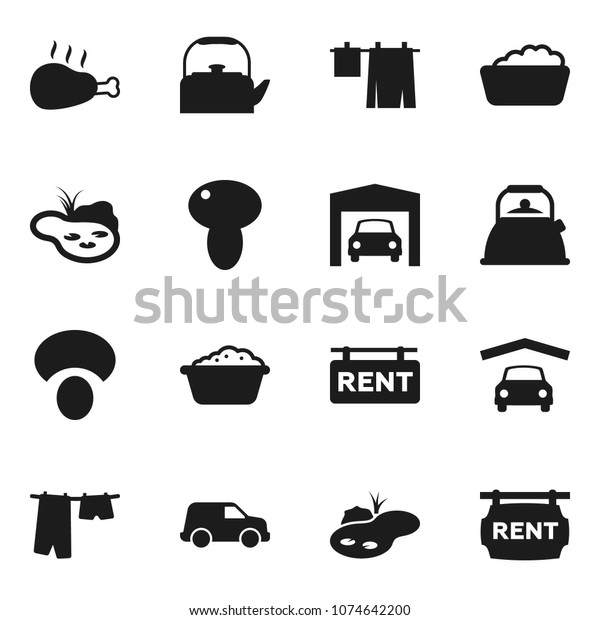 Flat vector icon set - drying clothes vector,
foam basin, kettle, mushroom, chicken leg, car, pond, garage, rent
signboard