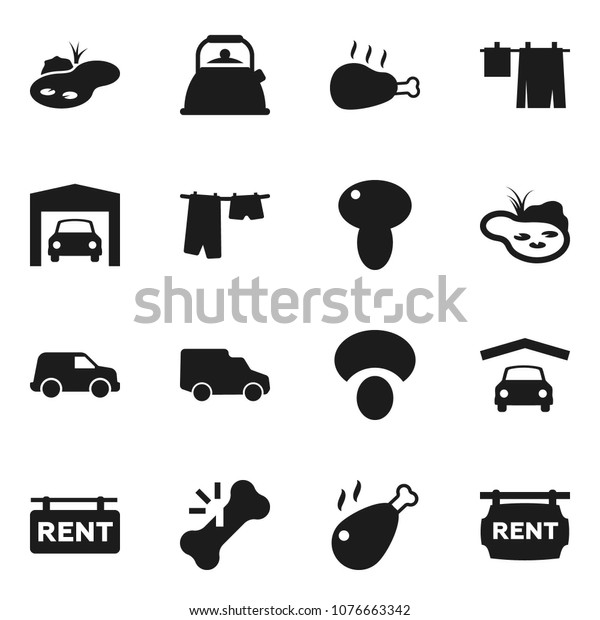 Flat\
vector icon set - drying clothes vector, kettle, mushroom, chicken\
leg, car, broken bone, pond, garage, rent\
signboard