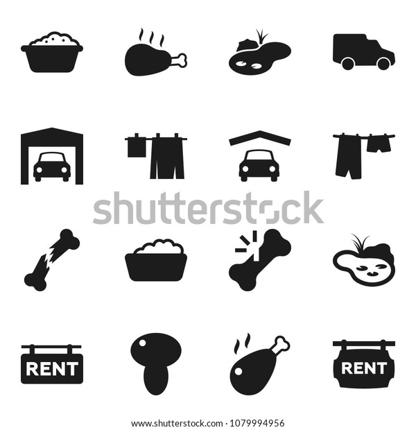 Flat vector icon set - drying clothes vector,\
foam basin, mushroom, chicken leg, car, broken bone, pond, garage,\
rent signboard