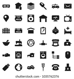 Flat vector icon set - earth vector, clipboard, dry cargo, warehouse, package, internet, crutches, pills, mortar, hospital bed, amkbulance car, diagnostic monitor, connect, big data, lan connector