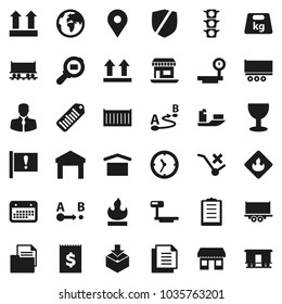 Flat vector icon set - earth vector, map pin, Railway carriage, attention, office, traffic light, client, ship, truck trailer, sea container, clock, calendar, receipt, clipboard, document, glass