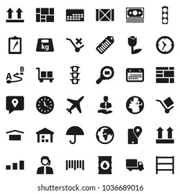 Flat vector icon set - earth vector, plane, money, traffic light, support, client, traking, delivery, clock, calendar, wood box, consolidated cargo, clipboard, umbrella, dry, top sign, no trolley