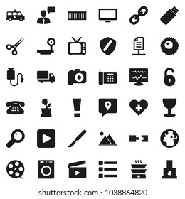 Flat vector icon set - earth vector, traking, sea container, delivery, glass, big scales, cinema clap, film spool, camera, tv, speaking man, monitor, classic phone, link, play button, heart cross