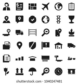 Flat vector icon set - earth vector, map pin, attention, plane, traffic light, support, traking, truck trailer, delivery, car, clock, receipt, port, consolidated cargo, clipboard, document, glass