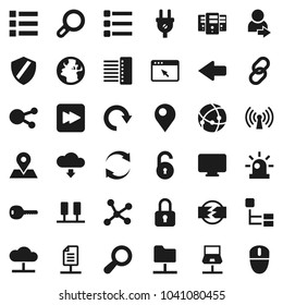 Flat vector icon set - earth vector, map pin, social media, link, forward button, connection, network, server, notebook, folder, cloud, browser, menu, shield, hub, arrow, refresh, redo, download