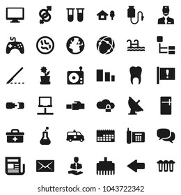 Flat vector icon set - earth vector, attention, phone, client, calendar, sorting, satellite antenna, radio, newspaper, gamepad, dialog, monitor, doctor bag, flask, vial, gender sign, scalpel, tooth