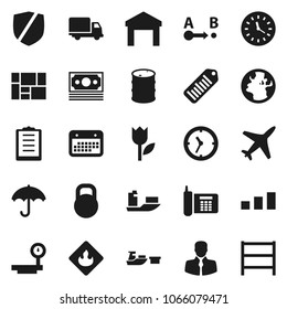 Flat vector icon set - earth vector, plane, money, phone, client, ship, delivery, clock, calendar, port, consolidated cargo, clipboard, umbrella, tulip, warehouse, sorting, protected, weight, route