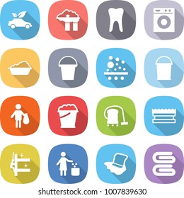 flat vector icon set - eco car vector, factory filter, tooth, washing machine, bucket, trash, foam, vacuum cleaner, sponge, skyscrapers cleaning, garbage bin, floor, towel