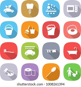 flat vector icon set - eco car vector, tooth implant, filter, microwave oven, bucket, and broom, foam, soap, brush, wash, drying clothes, bath, wiping, toilet paper, duster, cleaning