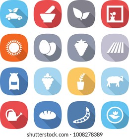 flat vector icon set - eco car vector, mortar, leafs, flower in window, gas oven, eggs, berry, field, flour, grape, seedling, sheep, watering can, bread, peas, ecology