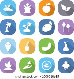 flat vector icon set - eco car vector, flower, apple, leafs, palm, island, lemon, trees, grape, seedling, eggplant, pear, sprouting, hand leaf, ecology, maple