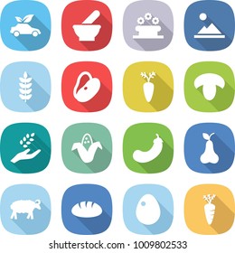 flat vector icon set - eco car vector, mortar, flower bed, landscape, spike, beans, carrot, mushroom, harvest, corn, eggplant, pear, sheep, bread, egg