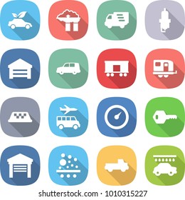 flat vector icon set - eco car vector, factory filter, delivery, spark plug, garage, shipping, railroad, trailer, taxi, transfer, barometer, key, pickup, wash