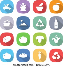flat vector icon set - eco car vector, flower, mortar, apple, bed, landscape, recycle, vegetable oil, potato, tomato, mushroom, corn, bread, carrot, recycling