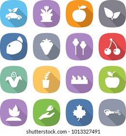 flat vector icon set - eco car vector, flower, apple, leafs, lemon, berry, trees, cherry, corn, seedling, sprouting, hand leaf, maple, blower