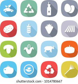 flat vector icon set - eco car vector, recycle, vegetable oil, eggs, potato, spike, berry, field, mushroom, corn, sheep, pumpkin, tomato, ecology, recycling, rake