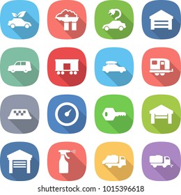 flat vector icon set - eco car vector, factory filter, electric, garage, shipping, railroad, baggage, trailer, taxi, barometer, key, sprayer, trash truck, sweeper