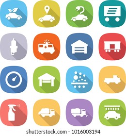 flat vector icon set - eco car vector, pointer, electric, delivery, spark plug, ambulance, garage, railroad shipping, barometer, filter, pickup, sprayer, trash truck, sweeper, wash