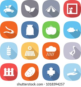 flat vector icon set - eco car vector, leafs, tent, flower in window, walnut crack, flour, tomato, fish, spike, field, rain cloud, goose, grain elevator, potato, maple leaf, hand and drop