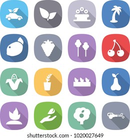 flat vector icon set - eco car vector, leafs, flower bed, palm, lemon, berry, trees, cherry, corn, seedling, pear, sprouting, hand leaf, garden, blower