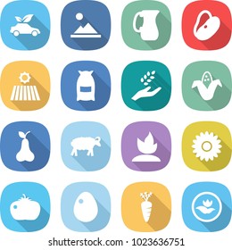 flat vector icon set - eco car vector, landscape, jug, beans, field, flour, harvest, corn, pear, sheep, sprouting, flower, tomato, egg, carrot, ecology