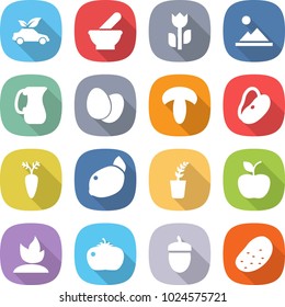 flat vector icon set - eco car vector, mortar, perishable, landscape, jug, eggs, mushroom, beans, carrot, lemon, seedling, apple, sprouting, tomato, acorn, potato
