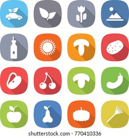 flat vector icon set - eco car vector, leafs, perishable, landscape, vegetable oil, gas oven, mushroom, potato, beans, cherry, eggplant, apple, pear, pumpkin, rake