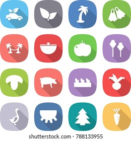 flat vector icon set - eco car vector, leafs, palm, flippers, hammock, cauldron, tomato, trees, mushroom, pig, seedling, beet, goose, udder, spruce, carrot