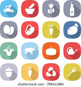 flat vector icon set - eco car vector, mortar, perishable, vegetable oil, eggs, beans, carrot, lemon, corn, sheep, pumpkin, watering can, acorn, recycling, rake