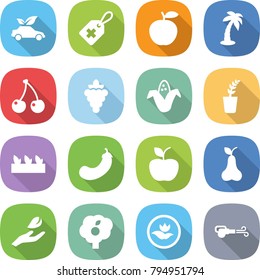 flat vector icon set - eco car vector, medical label, apple, palm, cherry, grape, corn, seedling, eggplant, pear, hand leaf, garden, ecology, blower