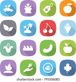 flat vector icon set - eco car vector, flower, medical label, apple, leafs, island, cherry, grape, corn, seedling, eggplant, sprouting, hand leaf, ecology, maple