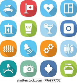 flat vector icon set - eco car vector, medical flag, pacemaker, window, detector, uv cream, cocktail, ring button, fence, bell, gears, magnetic field, drawing pen, camera, maple leaf, washing powder