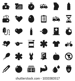 Flat vector icon set - egg vector, diet, stadium, stopwatch, clipboard, bike, punching bag, fitball, muscule hand, buttocks, swimsuite, t shirt, sports nutrition, water bottle, no alcohol sign