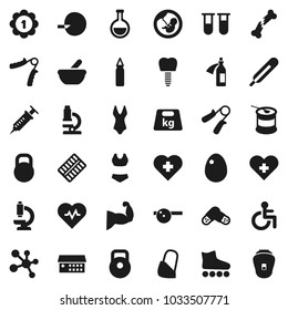 Flat vector icon set - egg vector, microscope, heart pulse, weight, hand trainer, punching bag, muscule, swimsuite, roller Skates, medal, sports nutrition, molecule, cross, disabled, thermometer