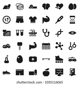 Flat vector icon set - egg vector, diet, muscule hand, snickers, boxing glove, shorts, t shirt, roller Skates, skateboard, molecule, calendar, fitness mat, pool, heart monitor, first aid kit, hoop